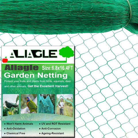 Aliagle bird netting protecting garden vegetables from birds while allowing sun and rain.