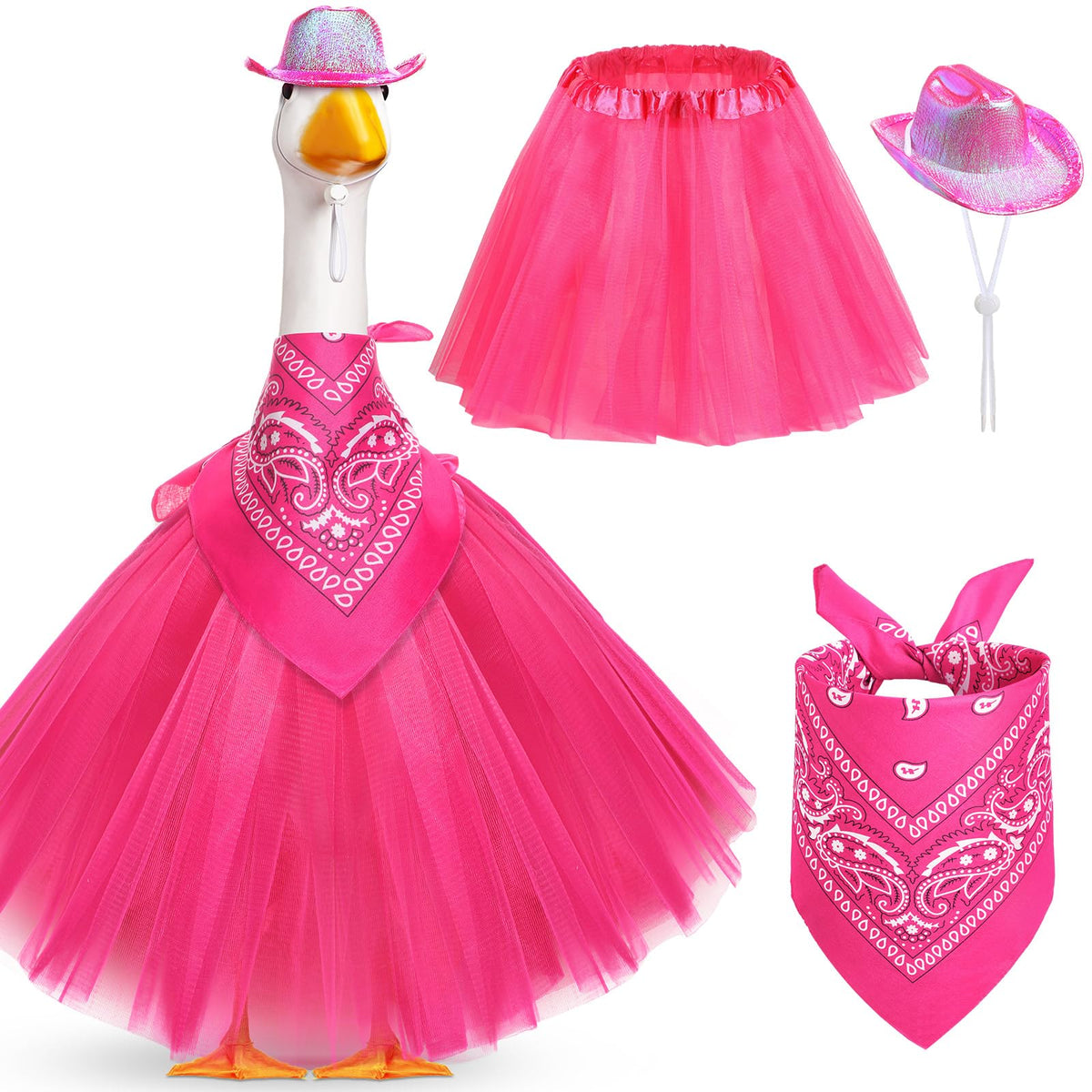 Aliceset cowboy porch goose outfit with rose red hat enhances outdoor lawn decor.