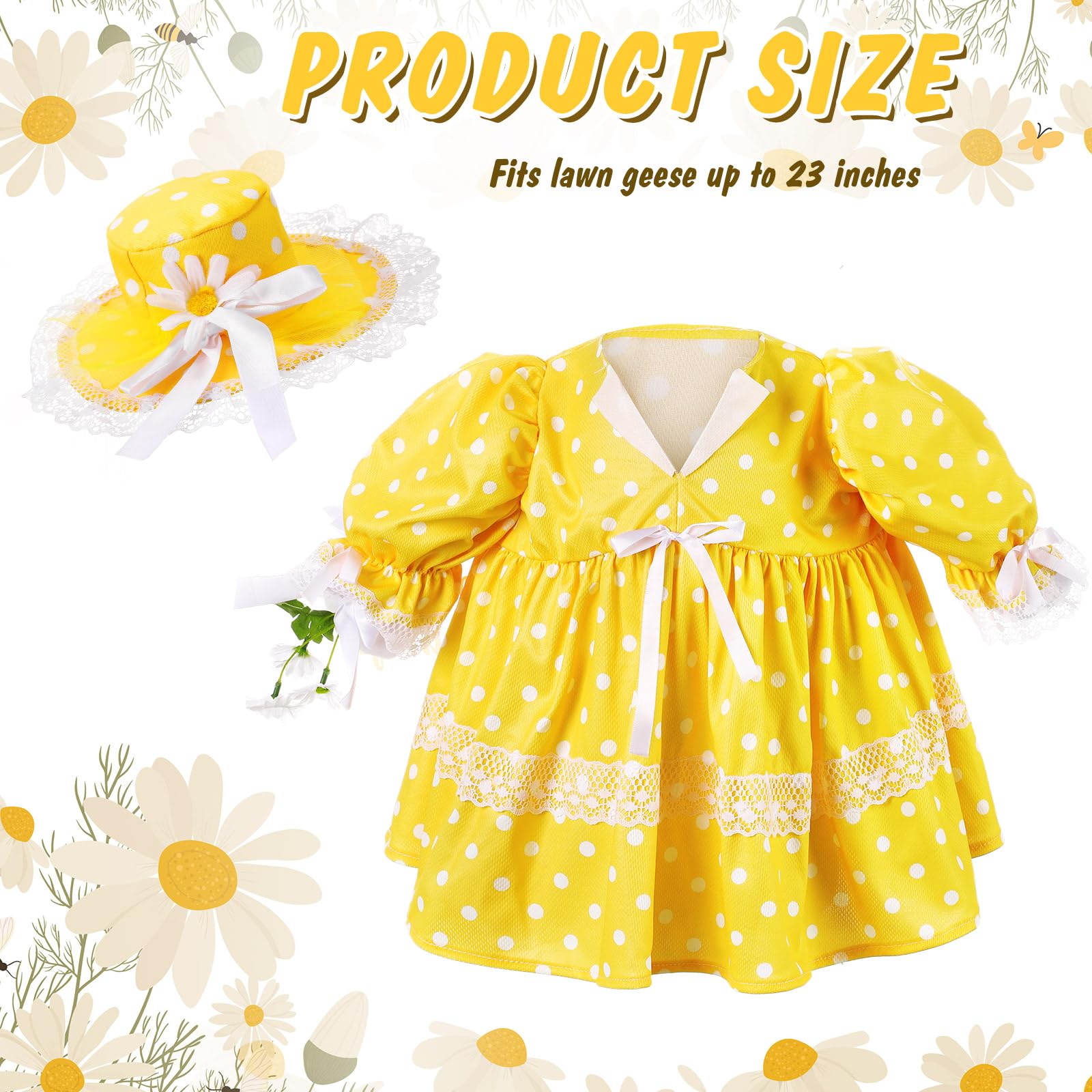 Aliceset goose hat with white daisy completes the yellow summer look on a sunny patio.