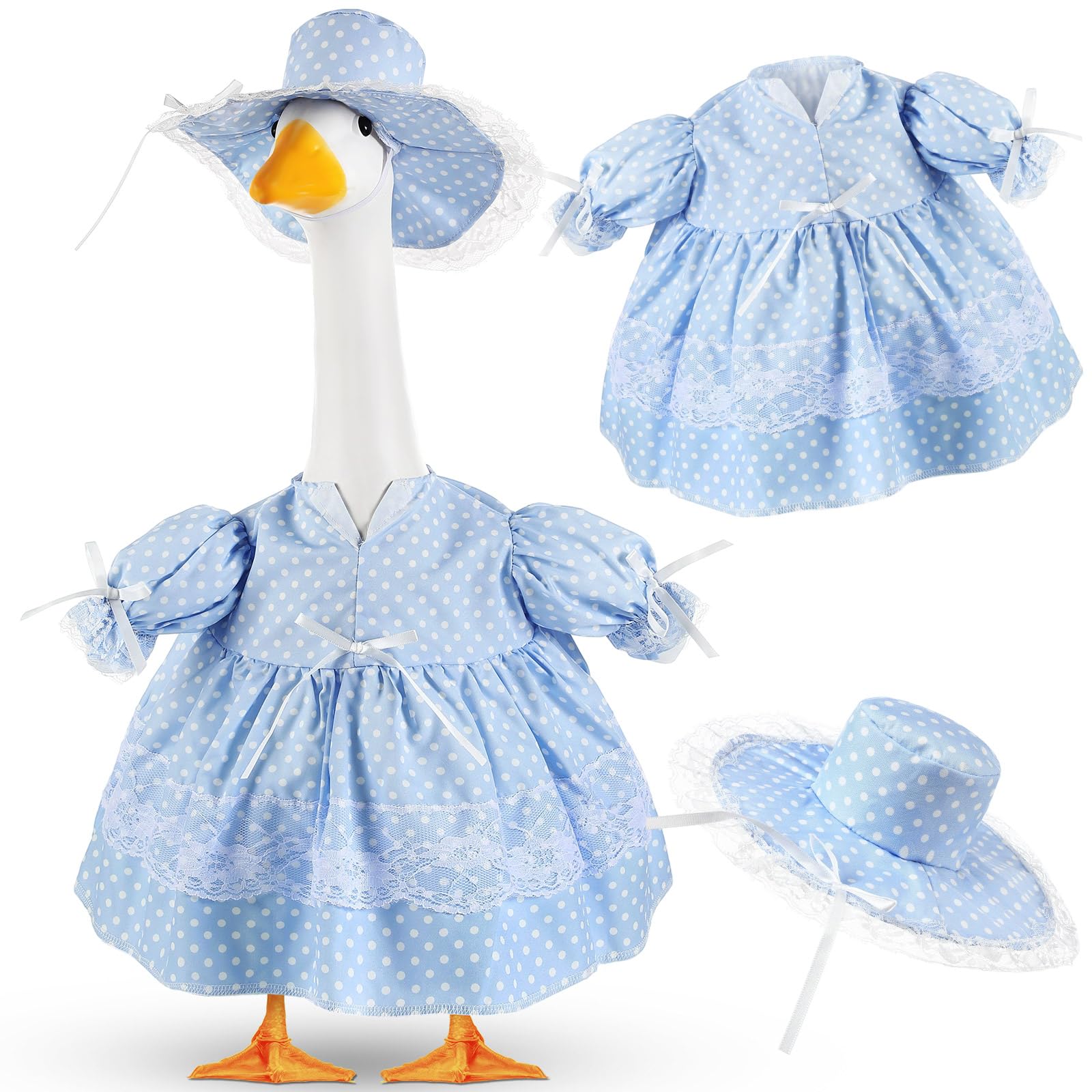 Aliceset blue polka dots skirt goose outfit enhances a 23-inch statue with playful summer flair