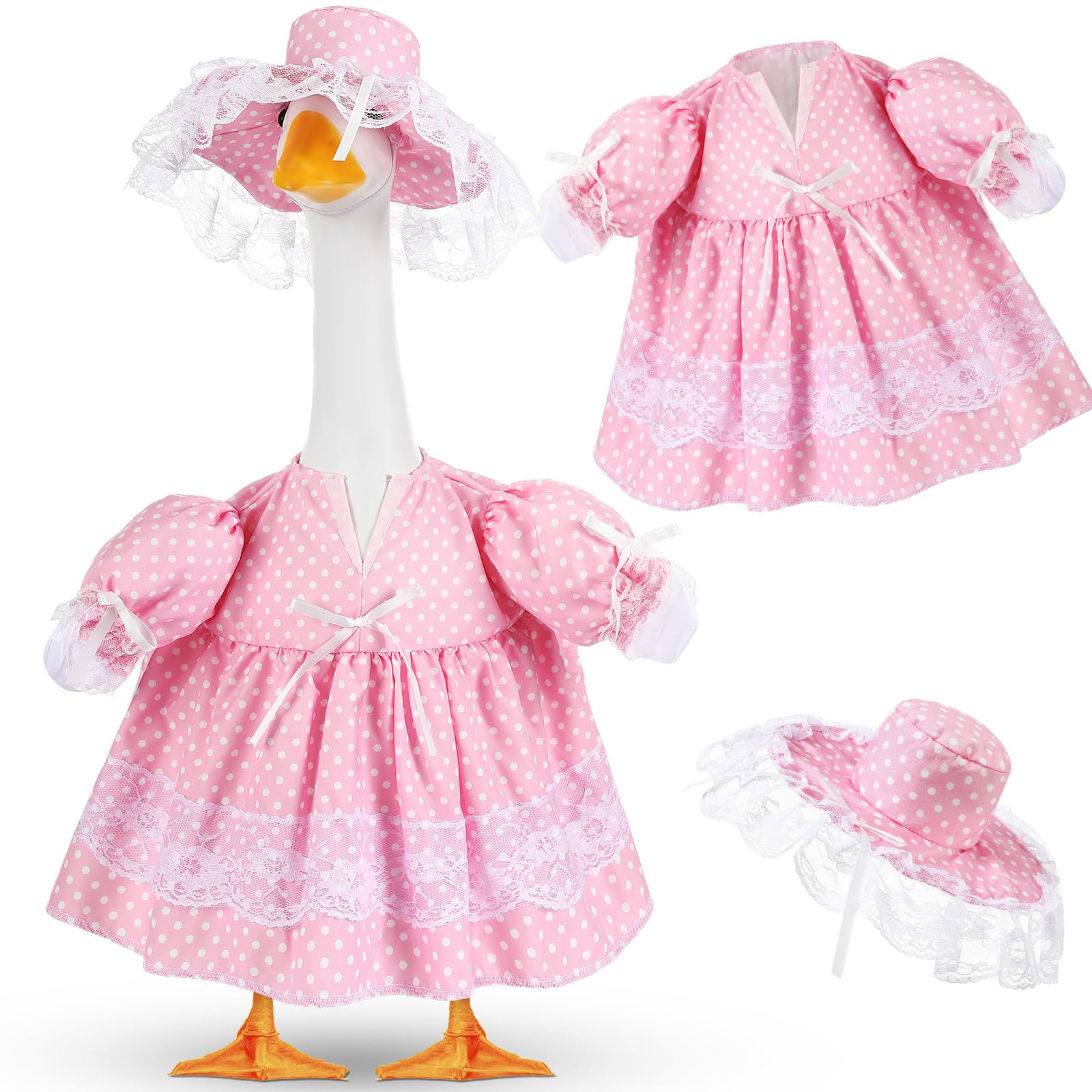 Aliceset goose outfit pink polka dots skirt enhances outdoor decor.