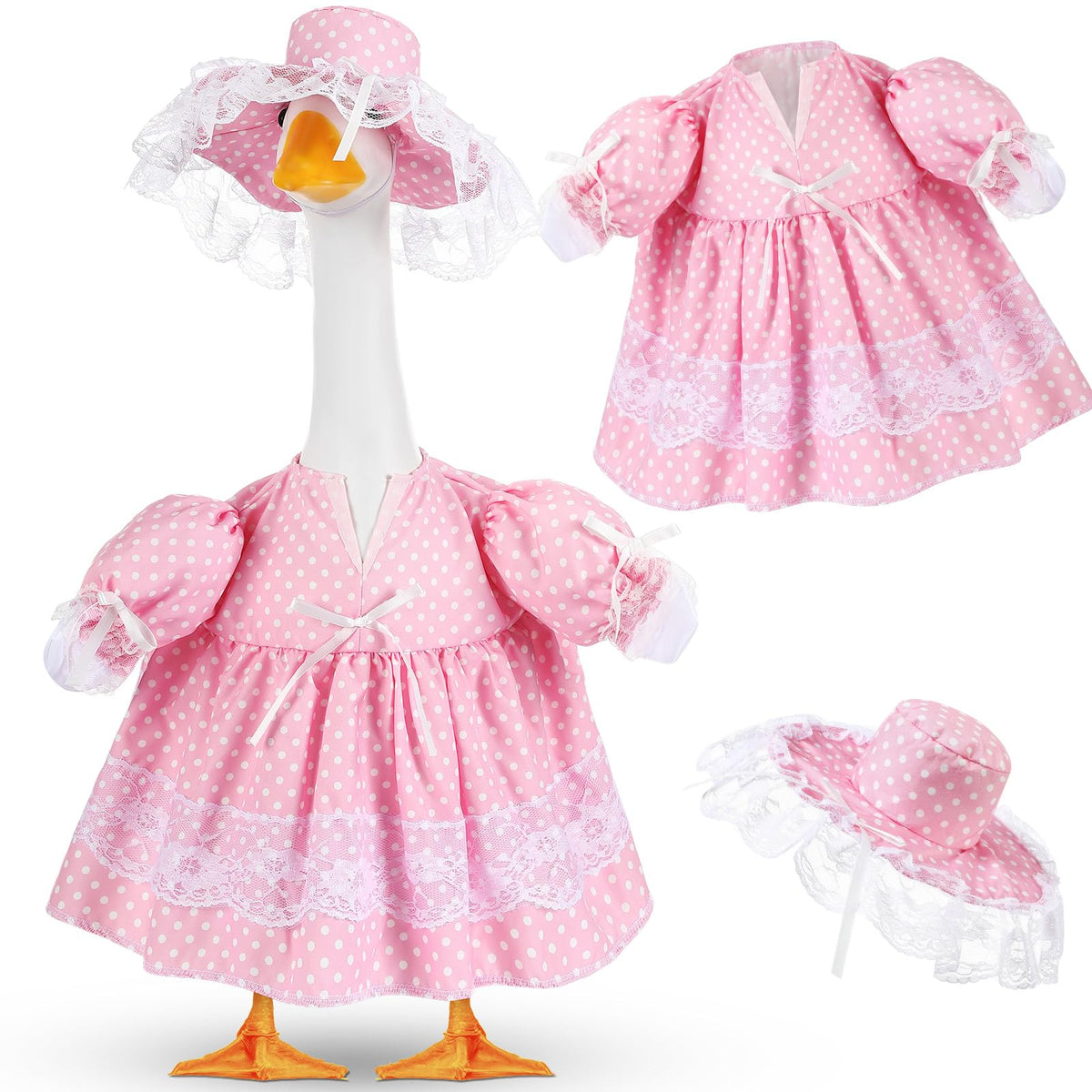 Aliceset goose outfit pink polka dots skirt enhances outdoor decor.
