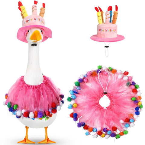 Aliceset pink birthday-hat on a lawn goose boosts outdoor celebration appeal.