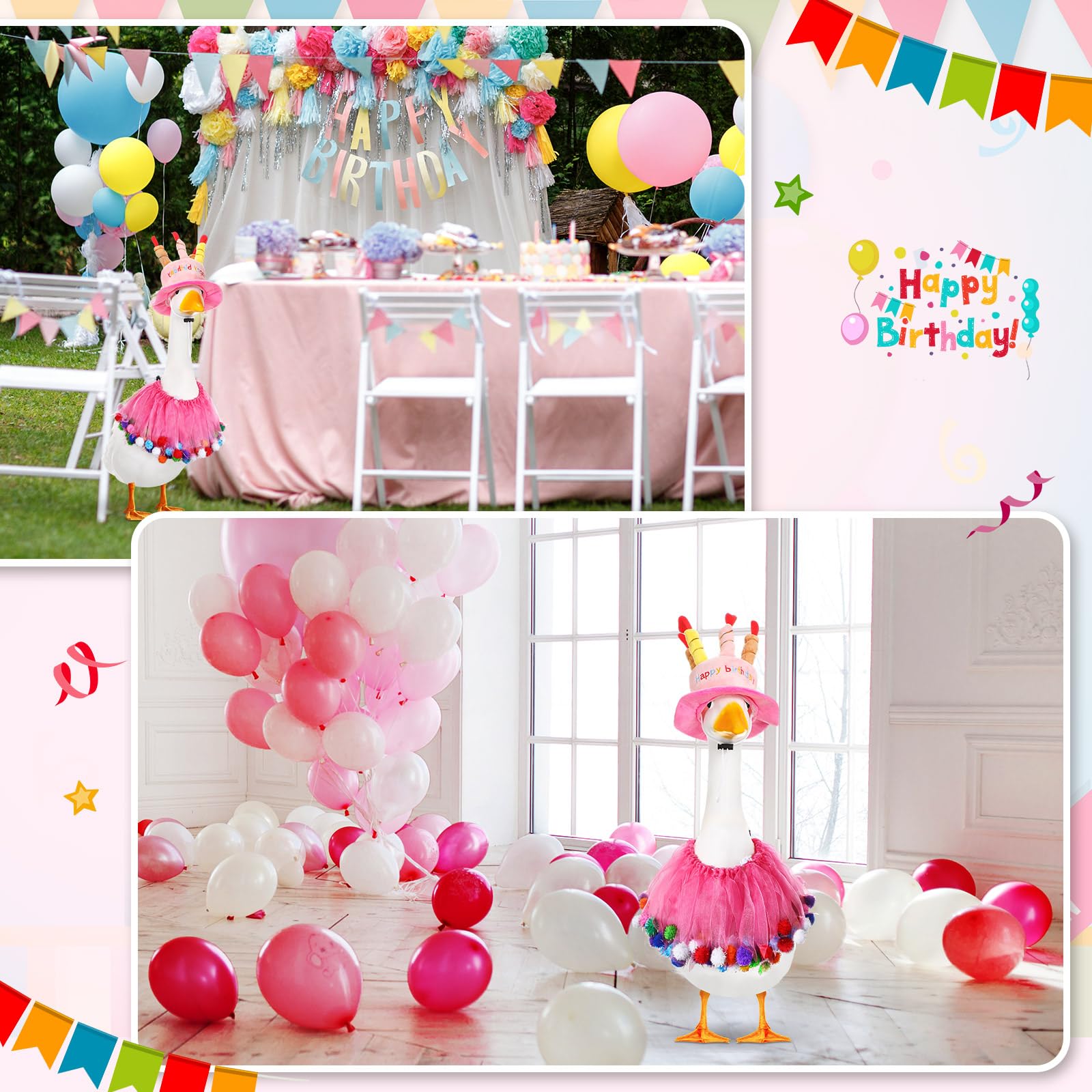 Aliceset versatile goose costume for indoor or patio garden displays.