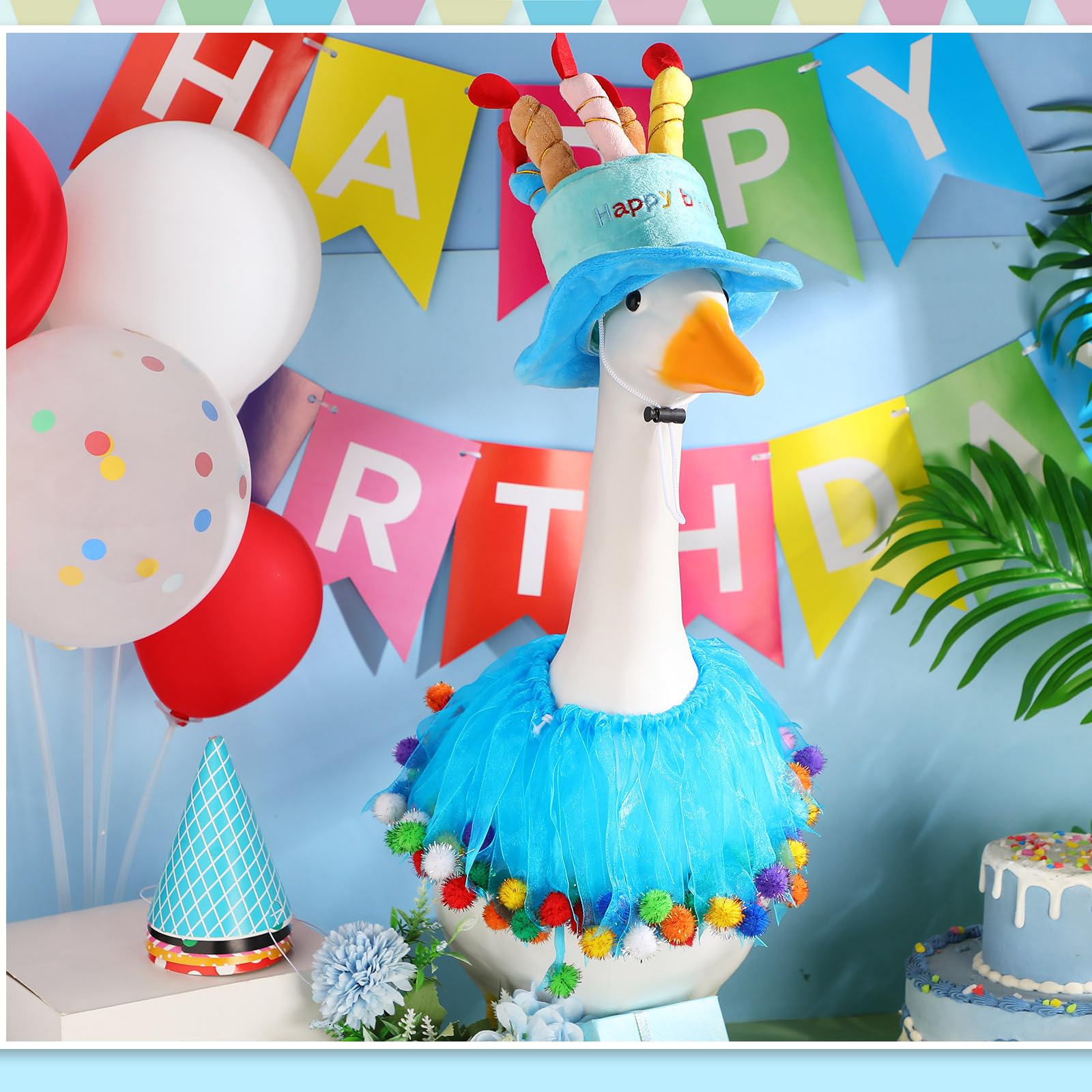 Aliceset blue birthday text on goose costume for festive mood