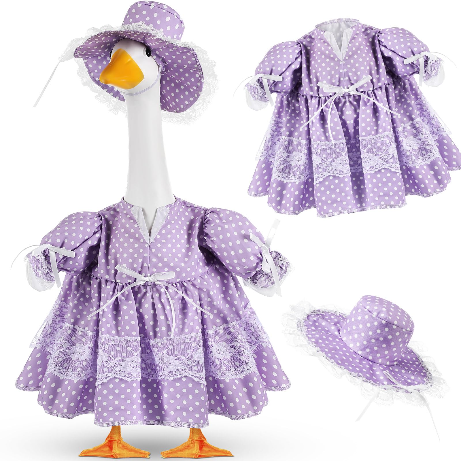 Aliceset goose outfit polka dots with daisy hat for porch decor.