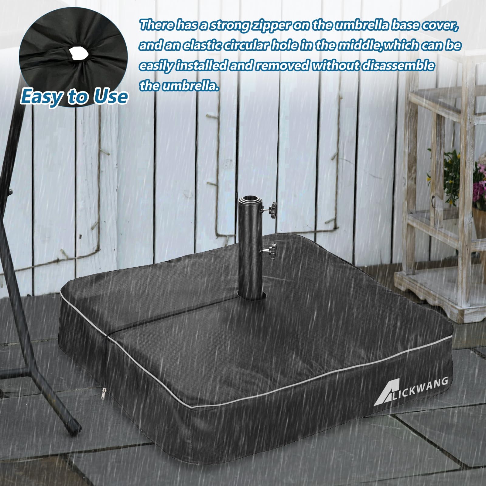 Black Alickwang base cover fitted to a 30x30 base on a patio