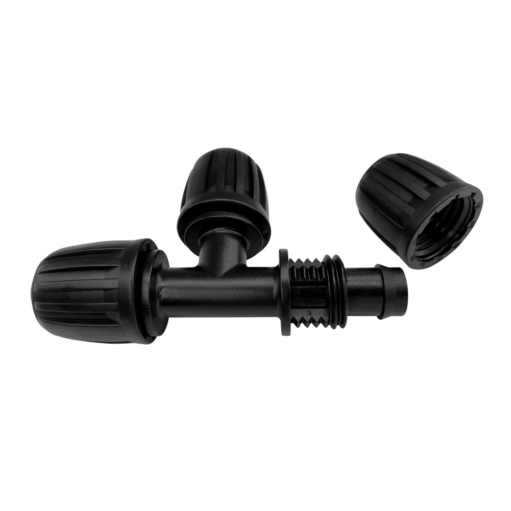 ALKARAMA tee fitting on garden tubing for versatile irrigation setup
