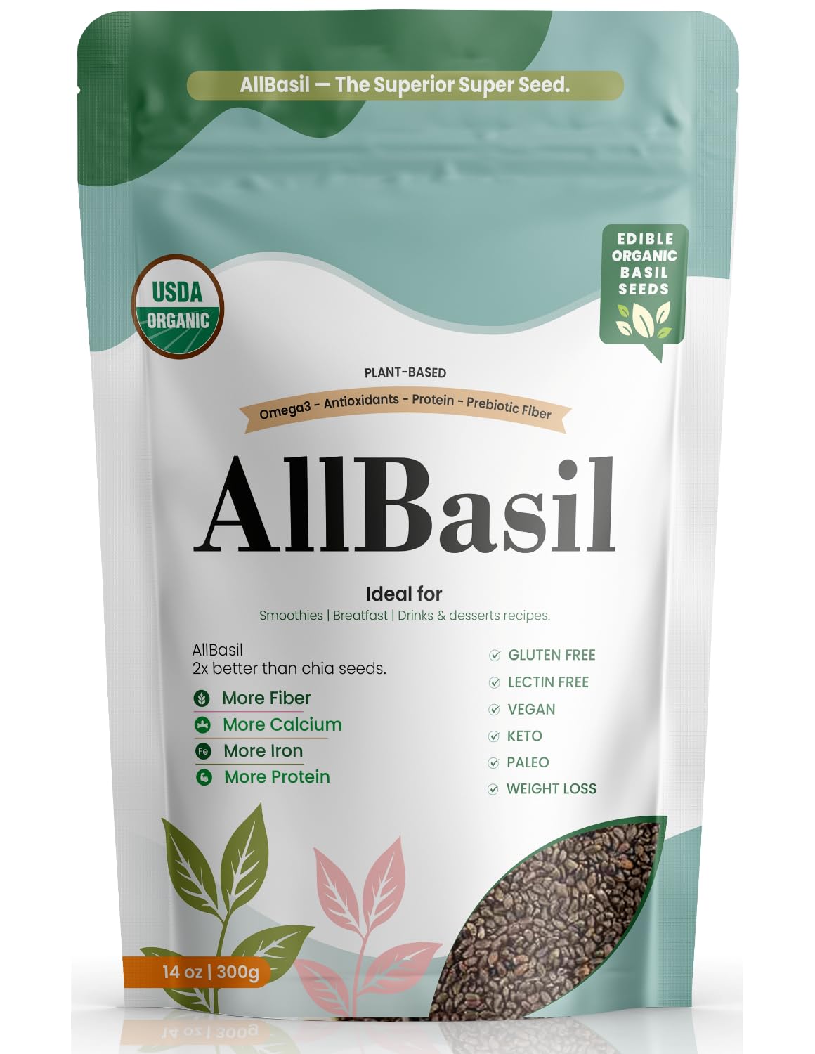 All Basil Seeds package front, organic quality for hydration and digestion