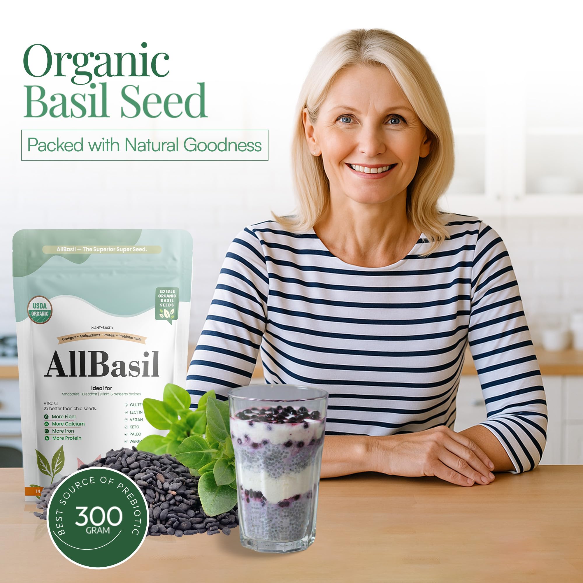 All Basil seeds soaked gel in glass, smooth texture for smoothies