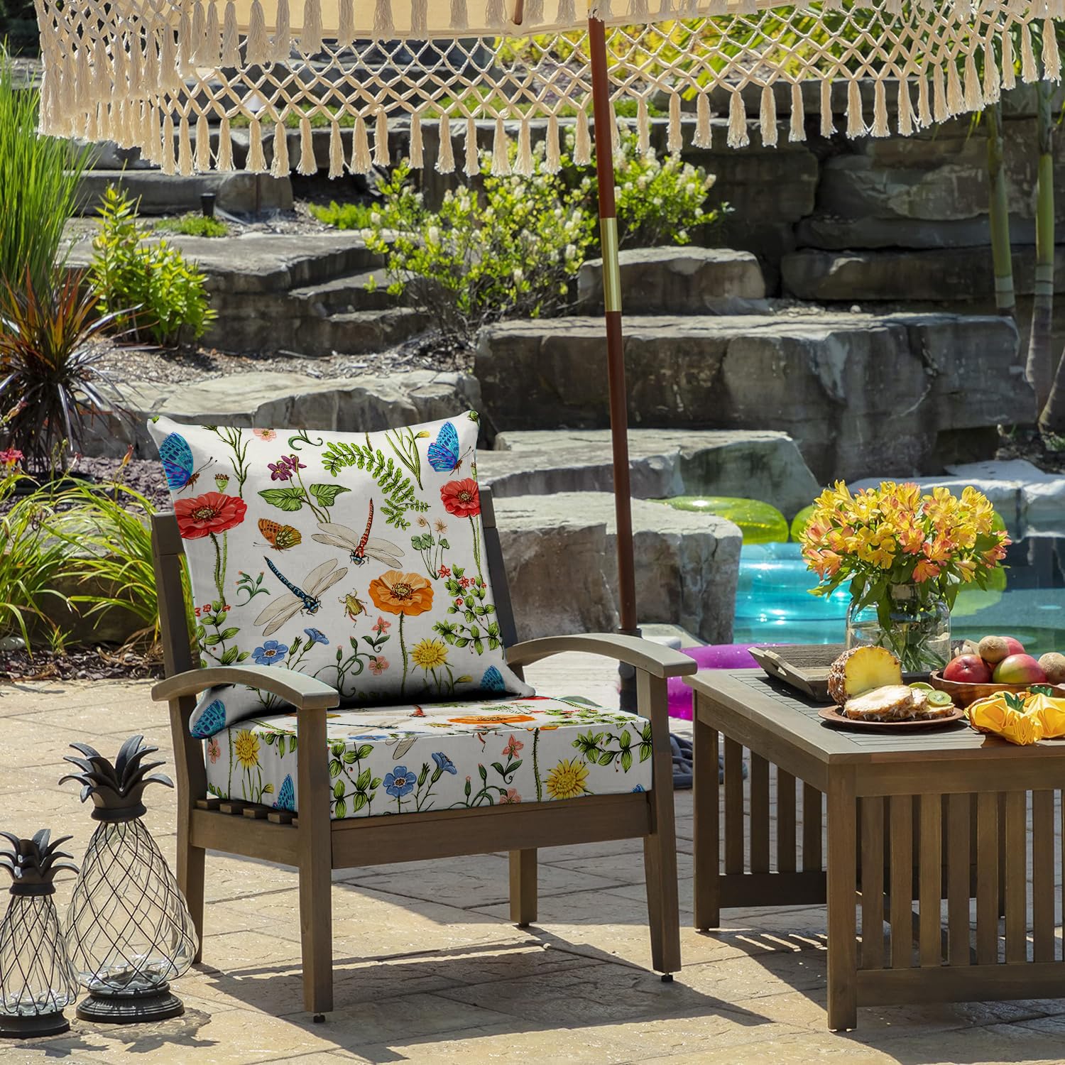 All Smiles outdoor chair cushion back view demonstrates 24x20 back cushion for comfy lounging.