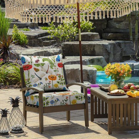 All Smiles outdoor chair cushion back view demonstrates 24x20 back cushion for comfy lounging.
