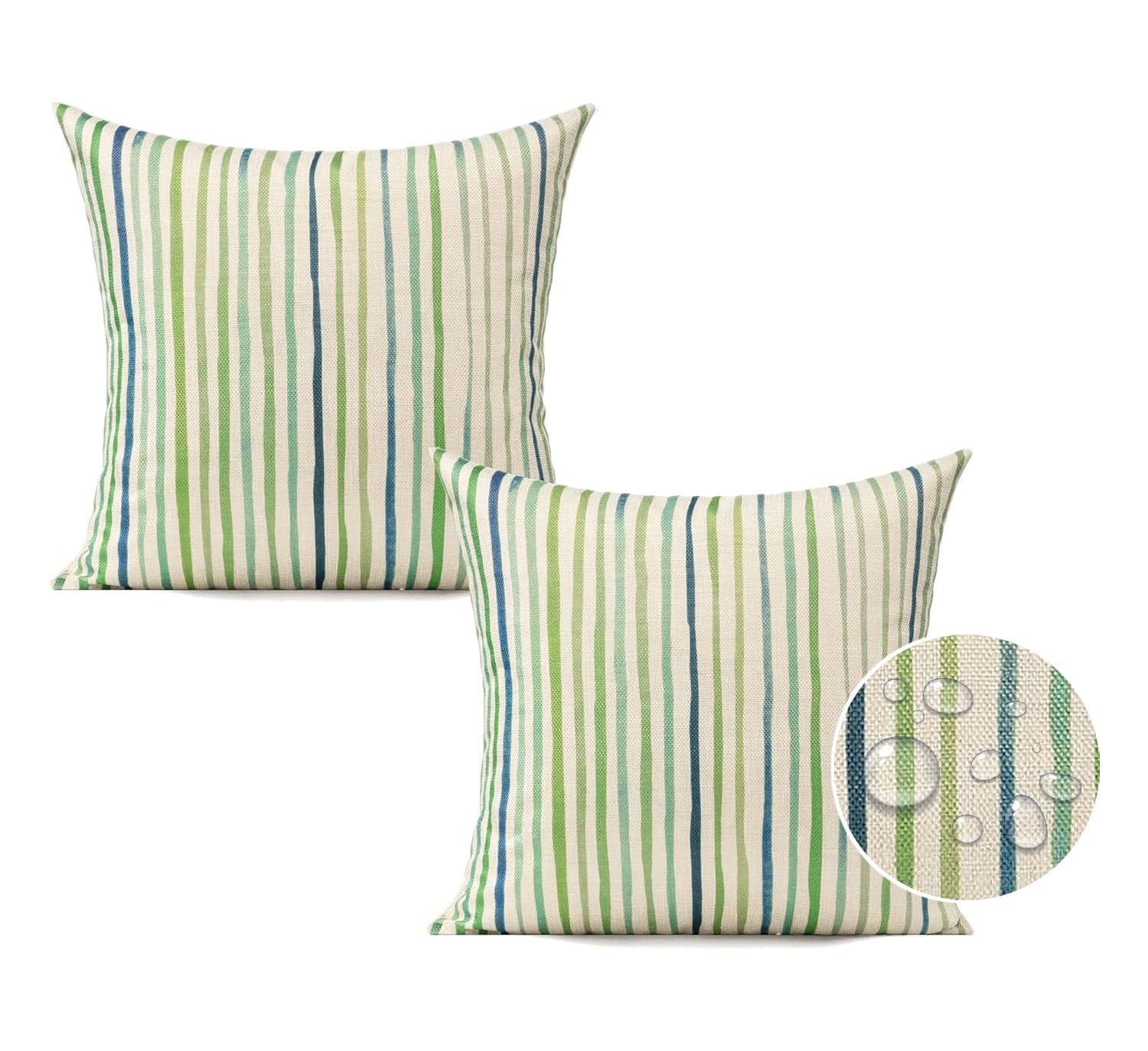All Smiles sage-green striped cushion cover adds weather-ready style to outdoor spaces