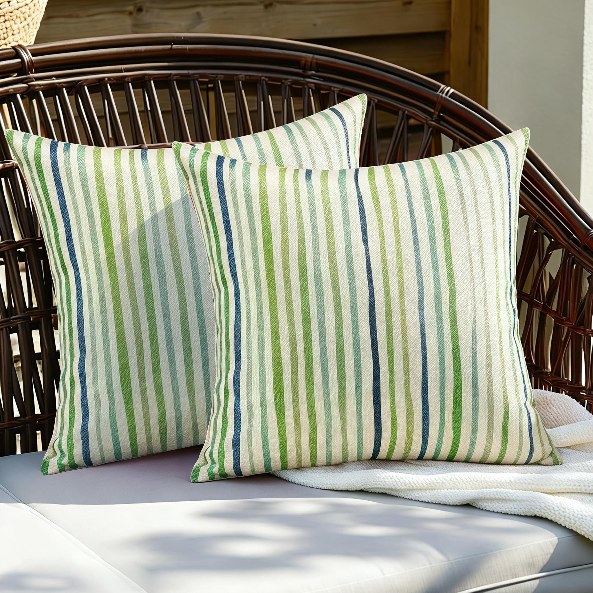 All Smiles sunbrella-inspired outdoor pillowcase in green lines for garden furniture