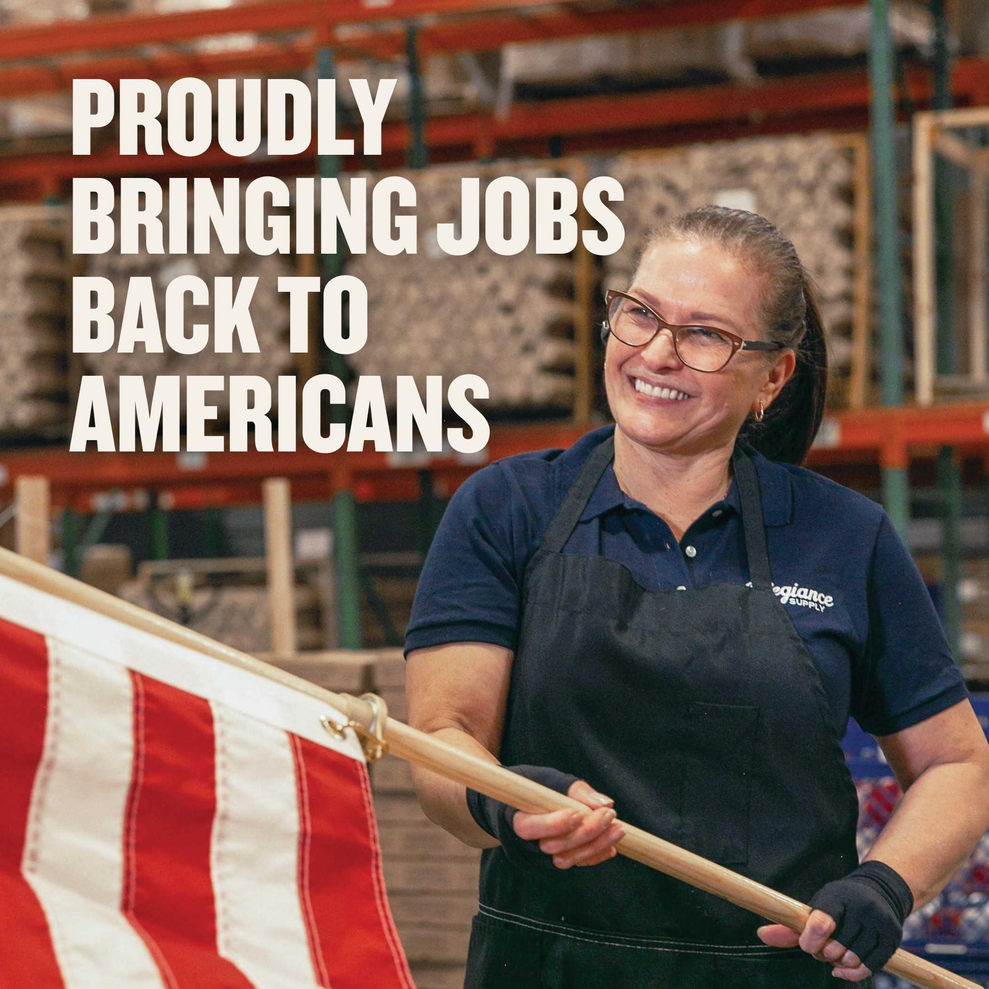 Allegiance Flag Supply USA-made badge indicating 100% domestic production