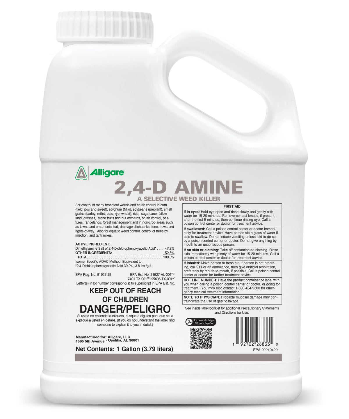 Alligare 2,4-D Amine bottle ready for quick lawn and pasture weed control.