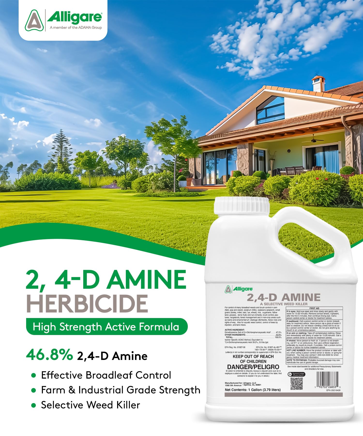 Alligare 2,4-D broadleaf weed killer shown for even field coverage.