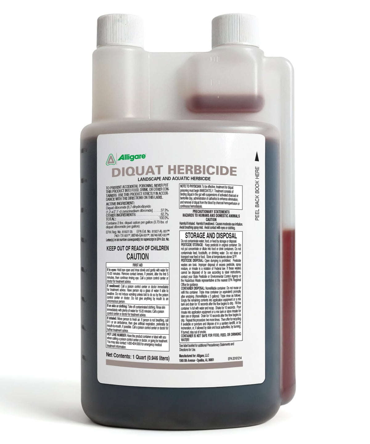 Alligare Diquat aquatic herbicide bottle for pond weed control in water bodies
