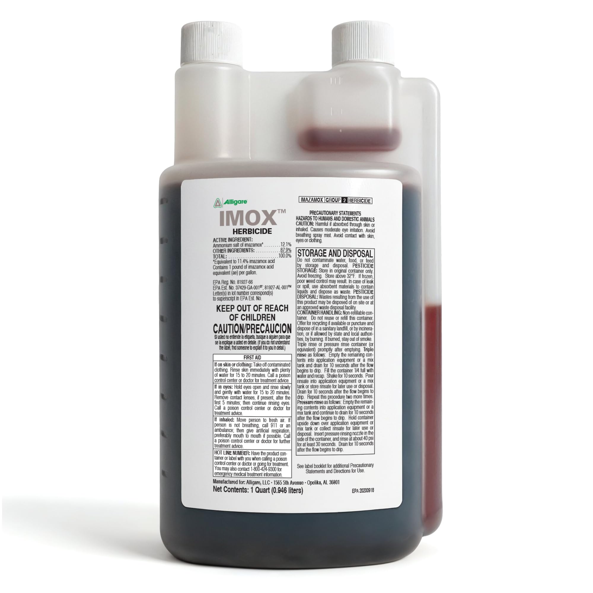 ALLIGARE Imox herbicide bottle shown; helps manage lawn weeds when used as directed