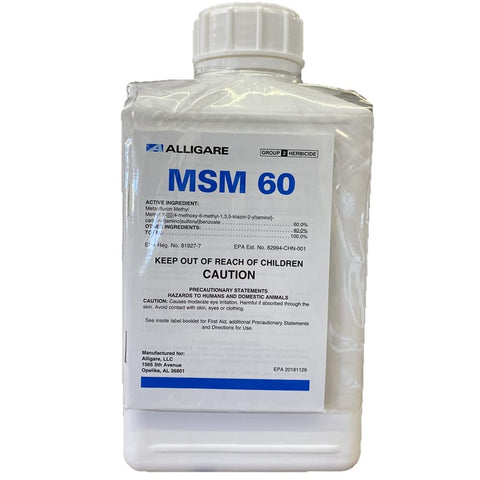 Alligare MSM 60 DF bottle for selective turf control in cool-season and Bermuda grasses.