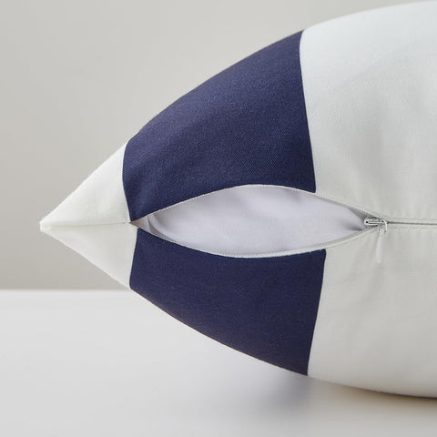 Allorry outdoor pillow cover in navy stripe, back view, reversible double-sided print.