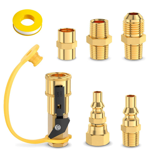 Alloxity 7-piece propane quick connect kit components laid out for easy RV setup