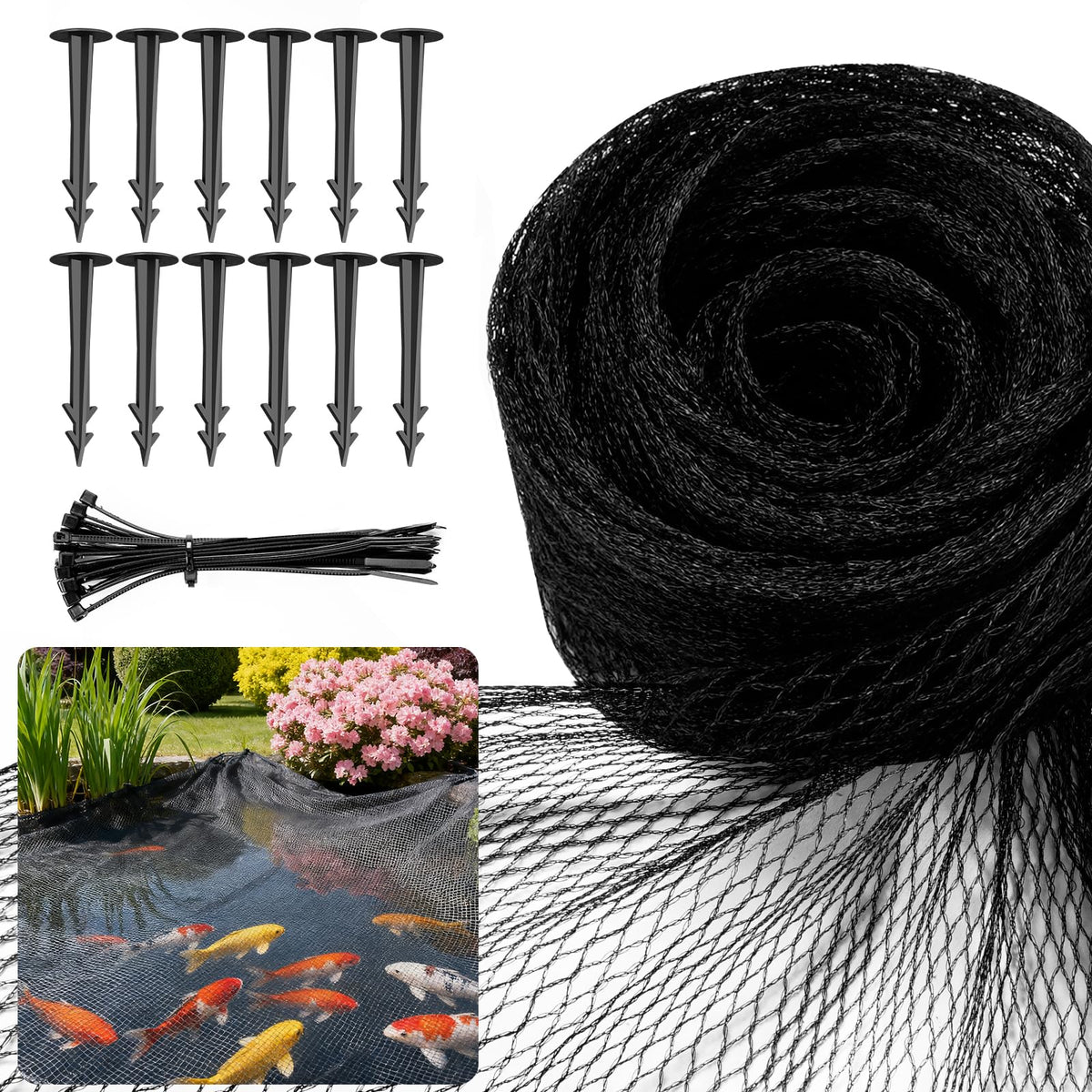 Alloxity pond netting over koi pond providing a discreet protective cover