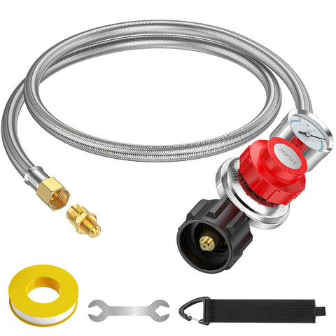 Alloxity regulator with gauge pictured for precise flame control during outdoor cooking