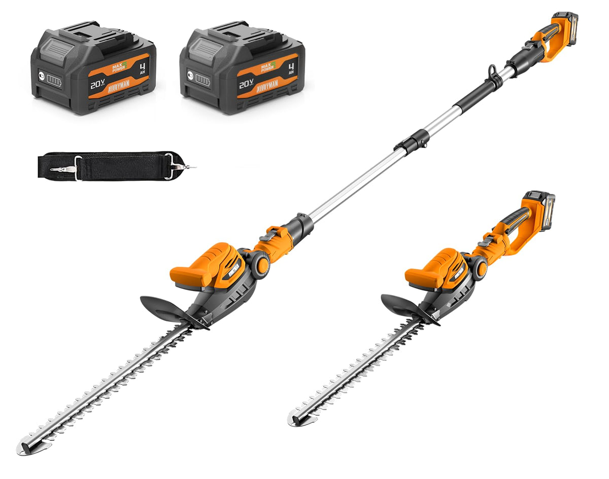 Alloyman 20V 2-in-1 cordless hedge trimmer extension pole for easy reach.