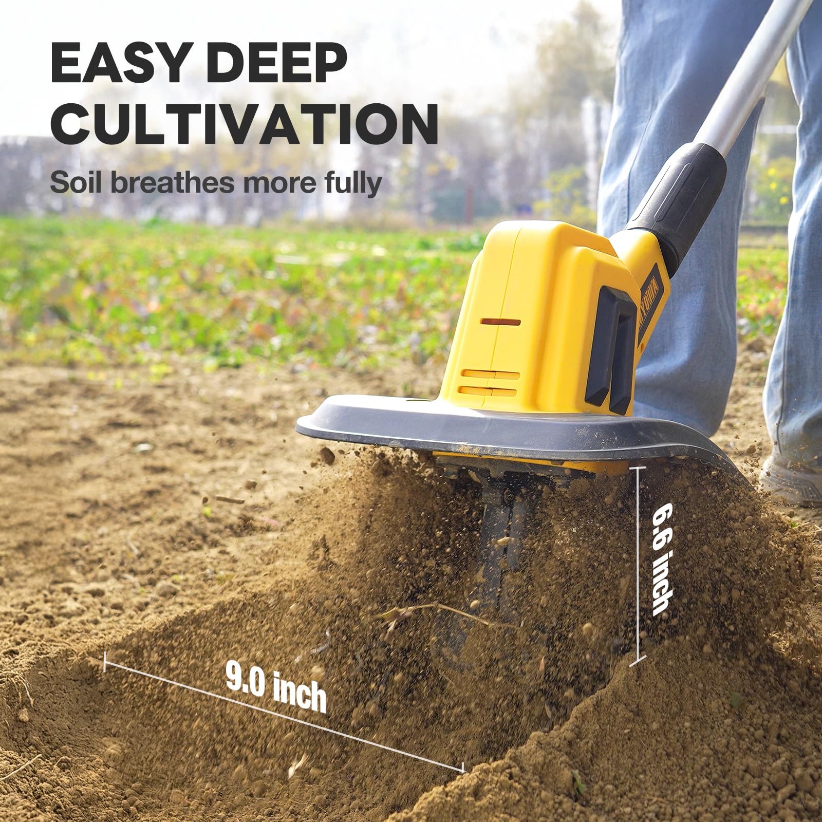 Alloyman 20V cordless tiller charger powers the system for continued use.