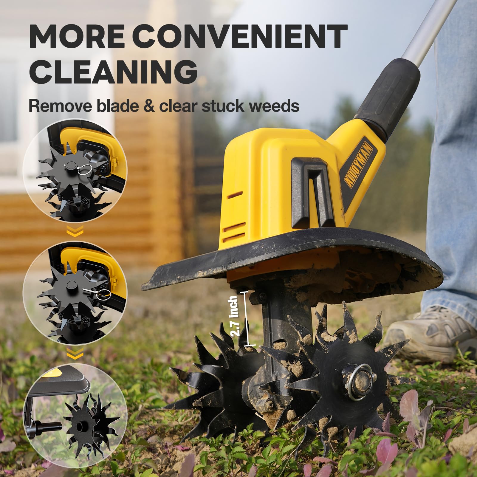 Alloyman detachable gears simplify cleanup after tilling sessions.