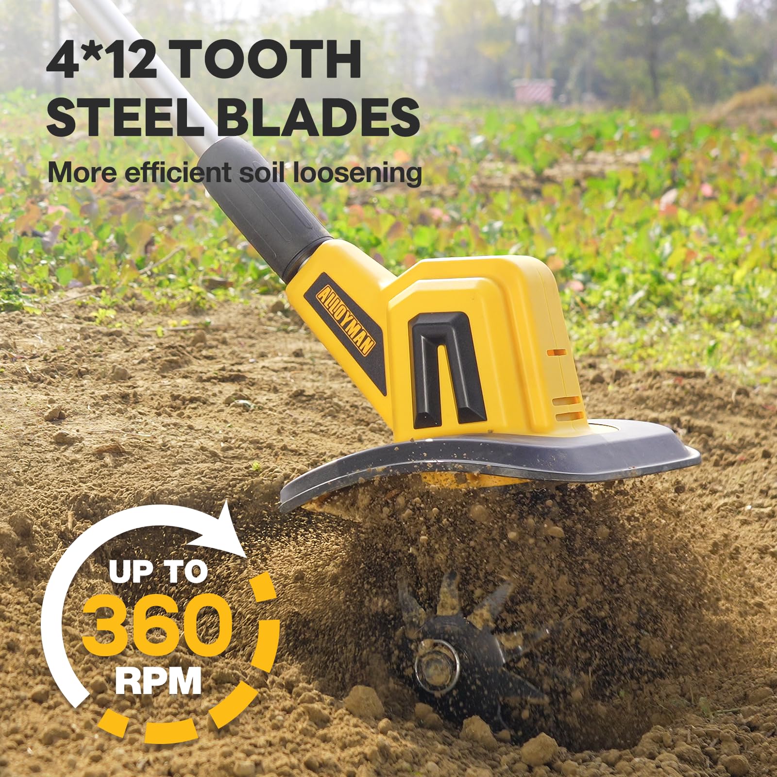 Alloyman ergonomic handle provides comfortable grip during soil turning.