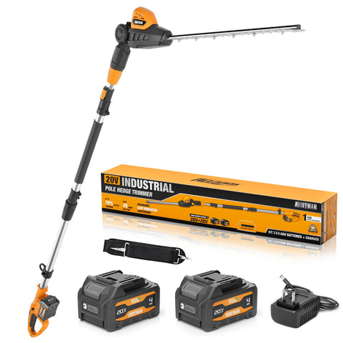 Alloyman 20V pole hedge trimmer with extended reach for tall hedges.