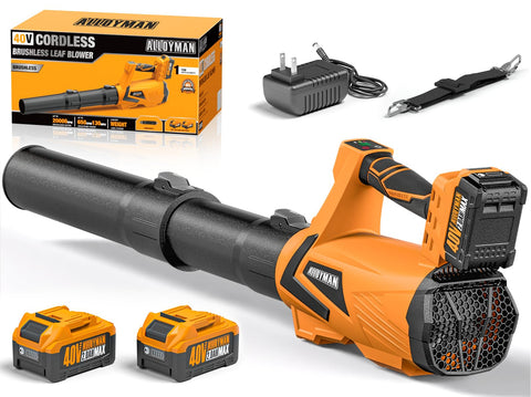 Alloyman 40V cordless leaf blower front view showing compact design for easy lawn cleanup