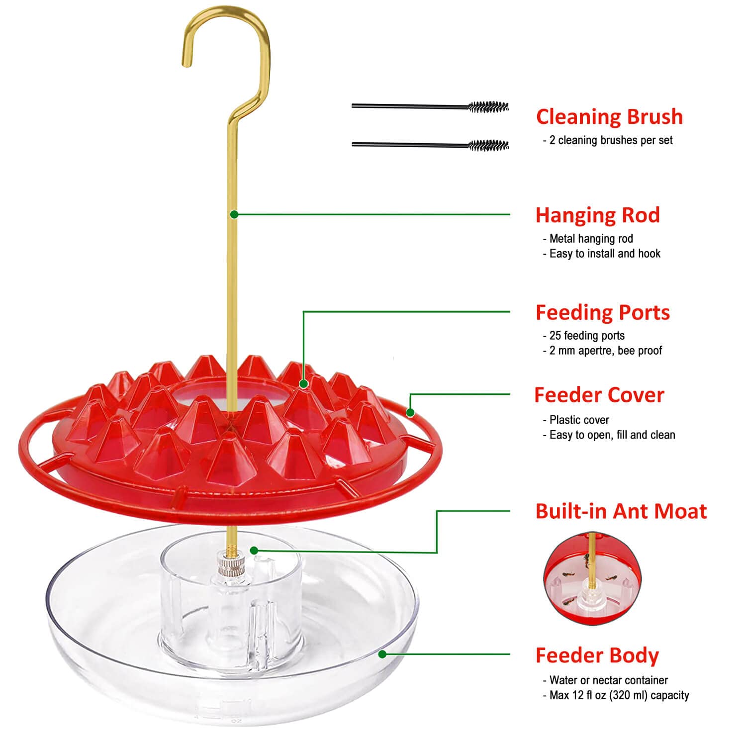 ALLSLOTX hummingbird feeder close-up shows 25 ports for multiple birds.