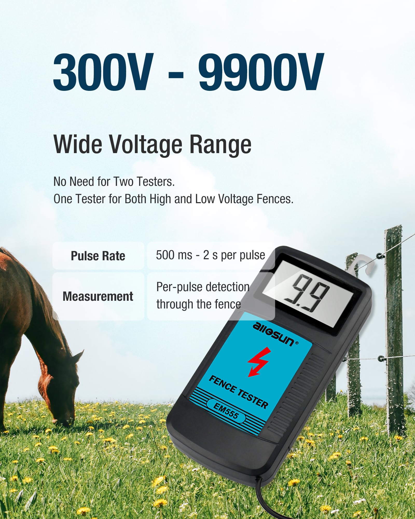 The allsun EM555 LCD display reads clear voltage levels for accurate testing.