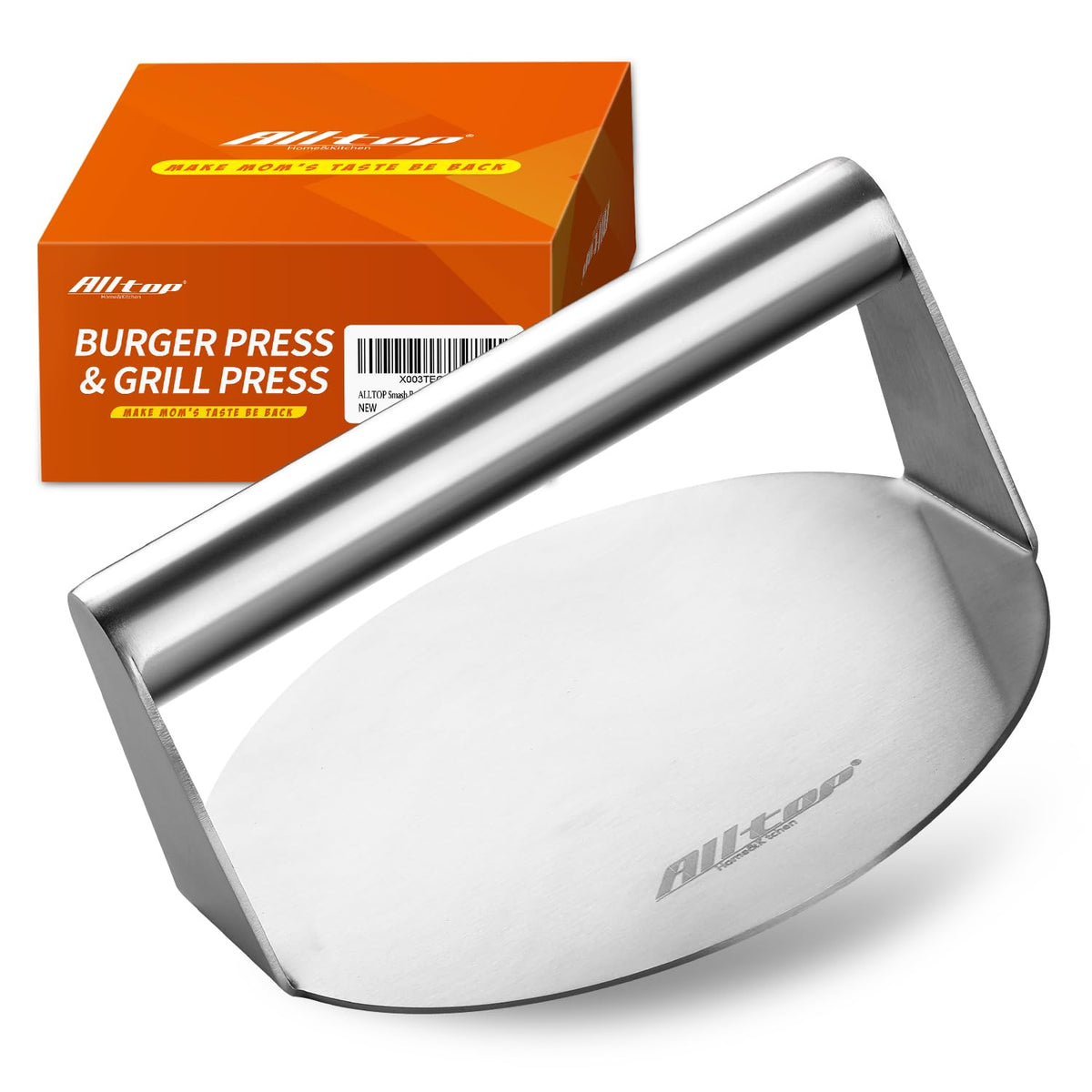 ALLTOP Smash Burger Press shows the brushed stainless steel surface for uniform patties.