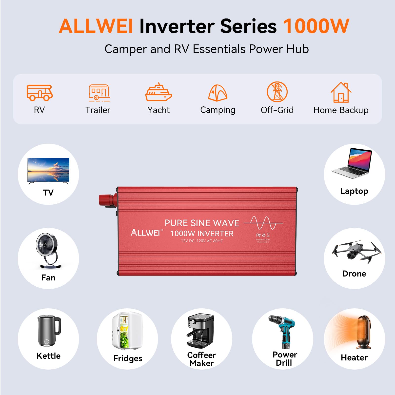ALLWEI 1000W inverter top view highlights compact design for camping