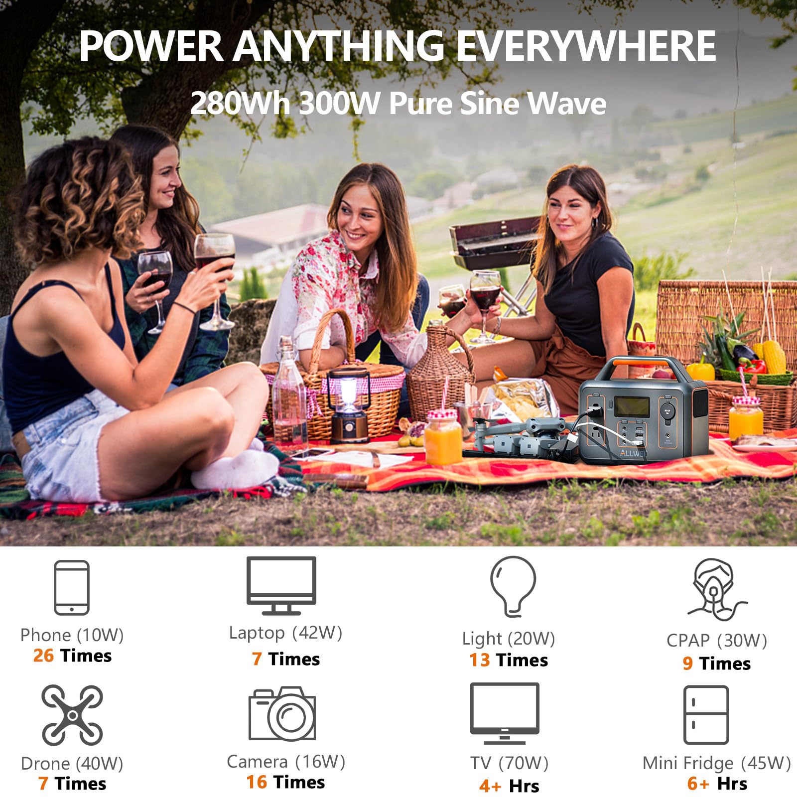 ALLWEI 280Wh solar generator side profile highlights its compact, travel-friendly design.
