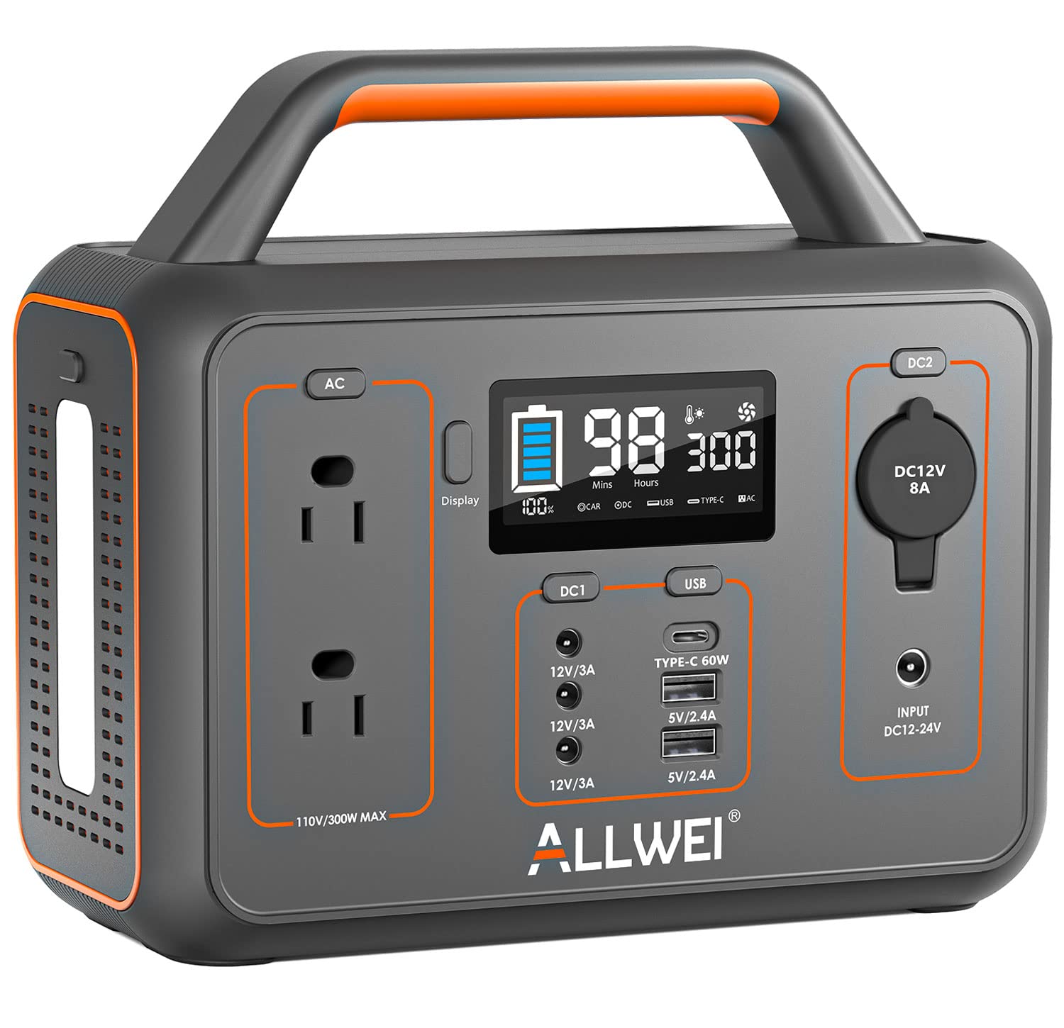 ALLWEI 300W portable power station front view powering essential devices on the go.