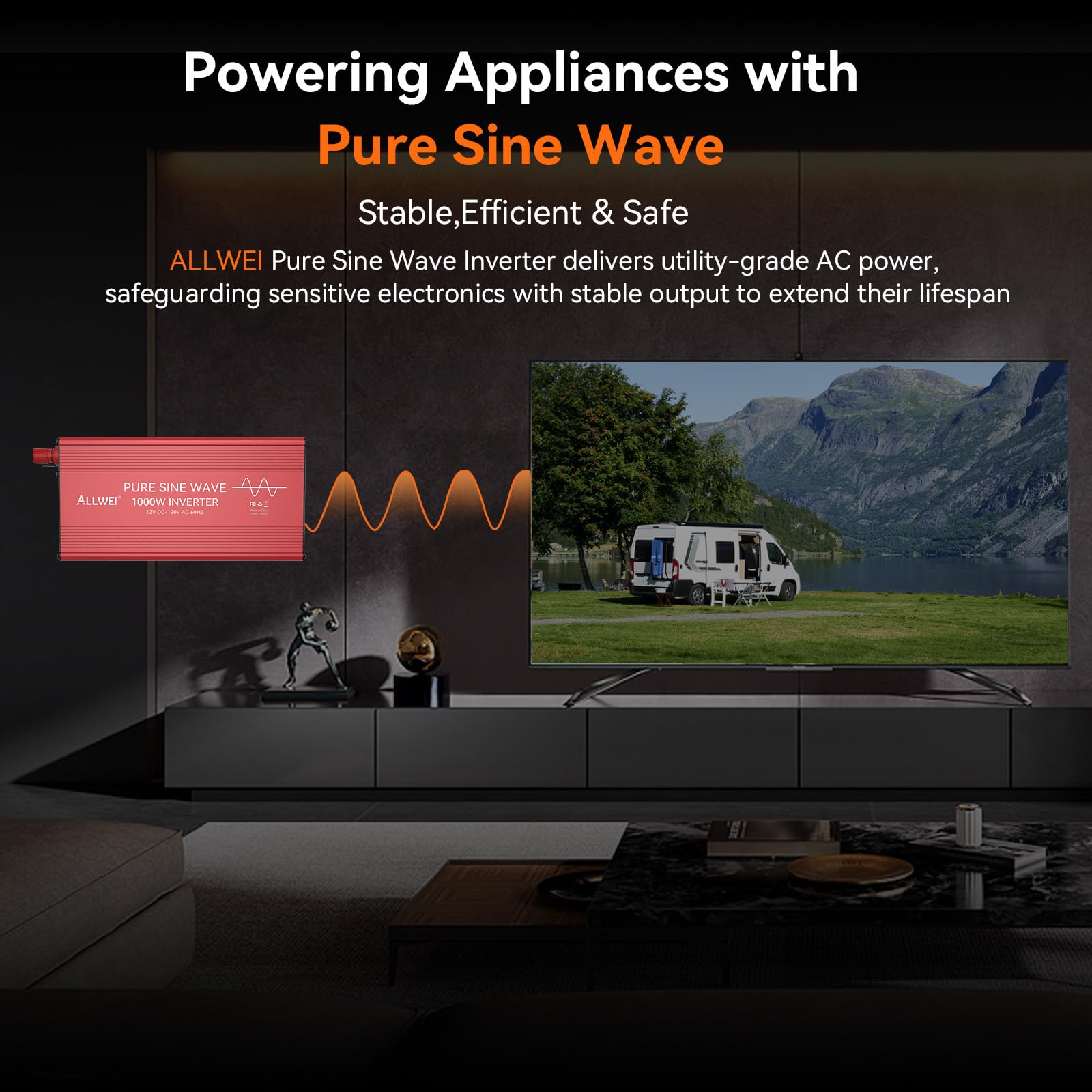 ALLWEI Pure Sine Wave Inverter side profile shows compact portability for travel