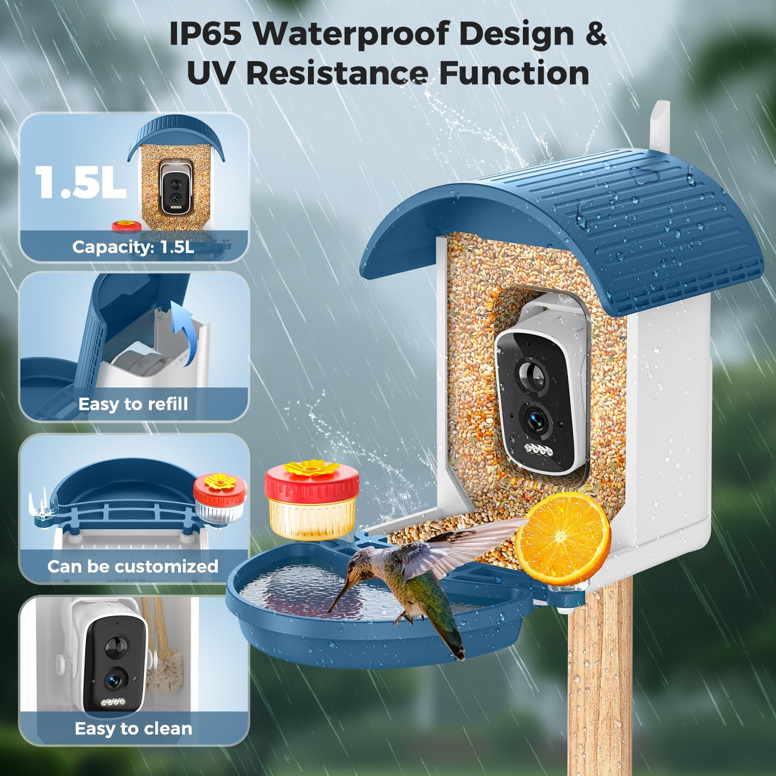 Allweviee birdfeeder solar-powered design supports continuous outdoor use.