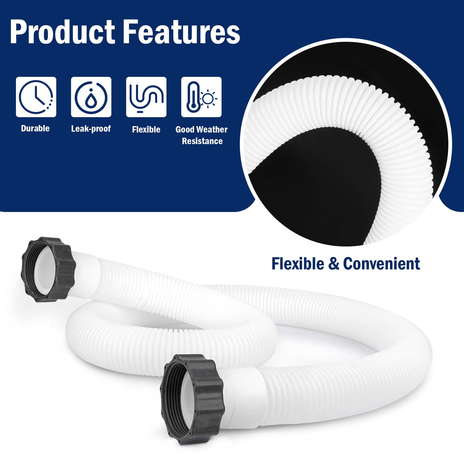 Alocs easy-install 1.5-inch pool hose with knob design for tool-free setup.