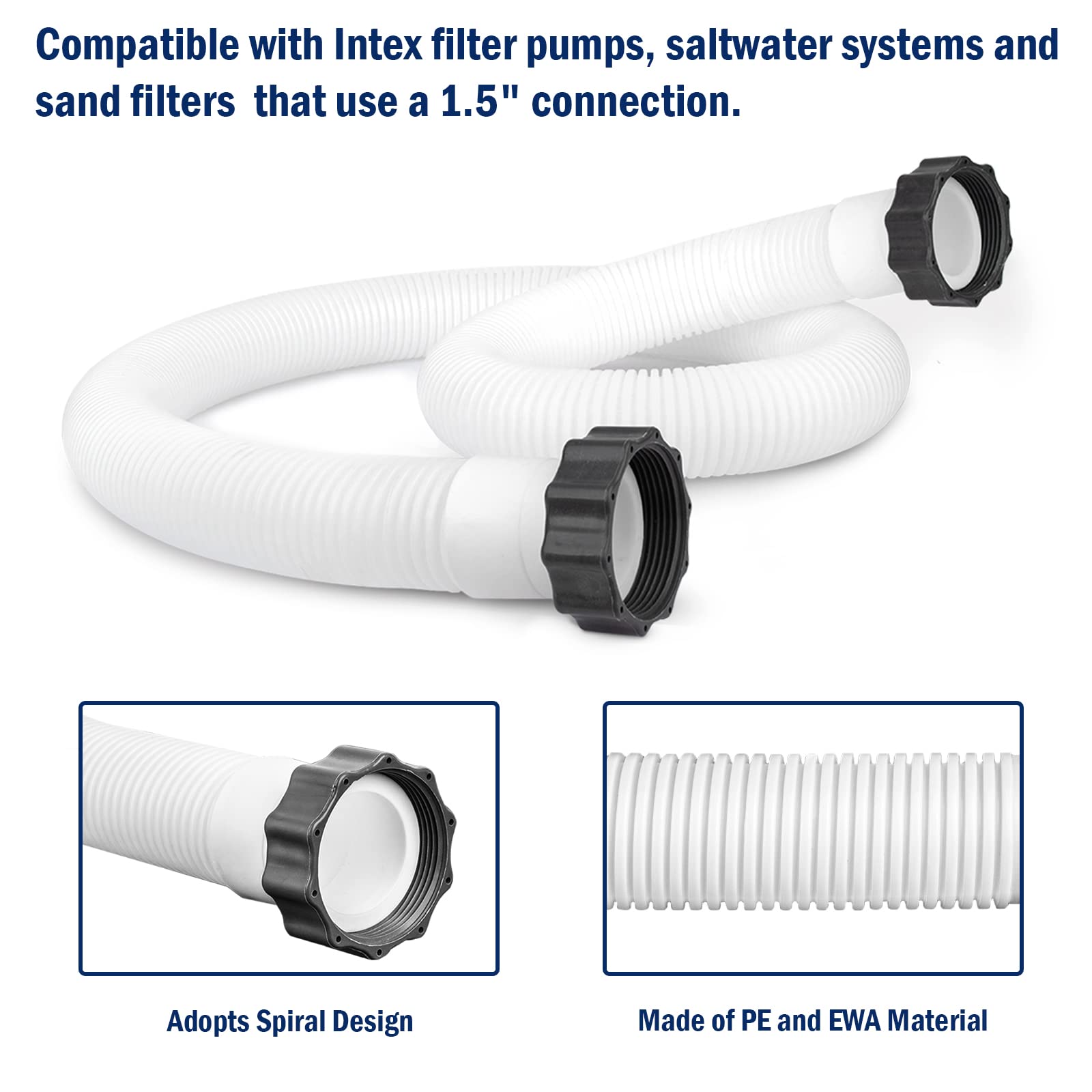 Alocs flexible 1.5-inch pool hose for Intex and Coleman, fits 59-inch length.