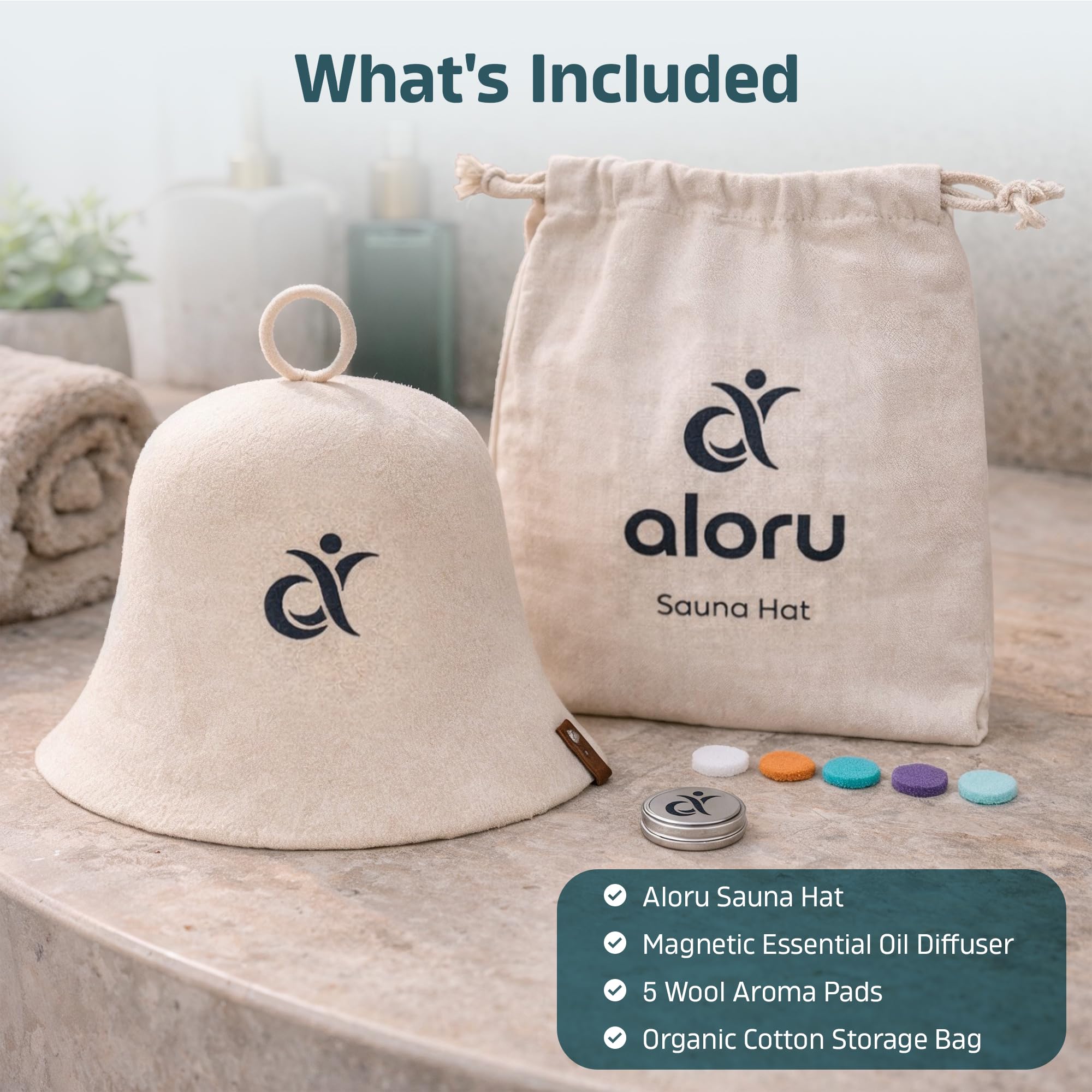 Aroma diffuser in use with Aloru sauna hat for customizable scent