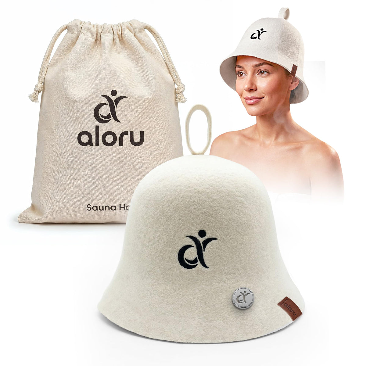 Aloru merino sauna hat worn by model for comfortable heat during session