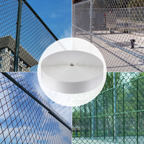 White privacy strip on a fence showing near privacy depending on grid