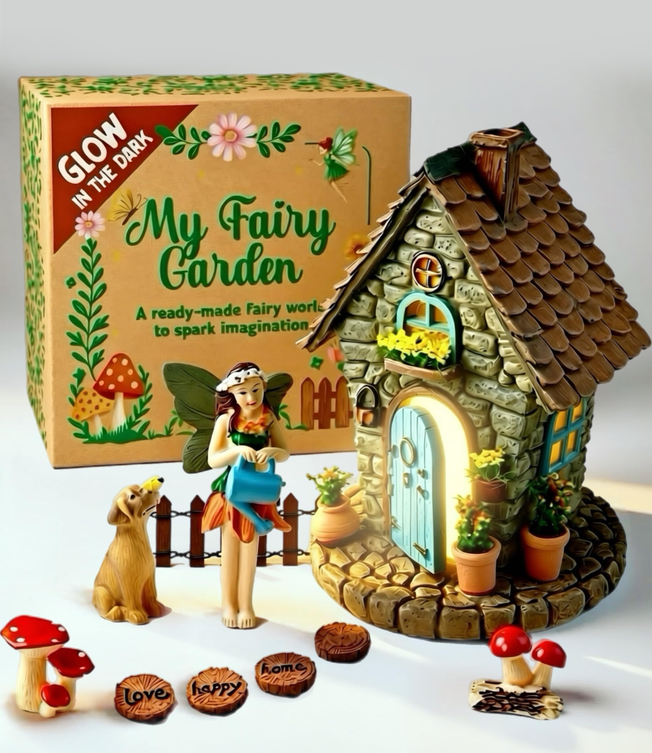 ALOVAK Fairy Garden Kit lighted fairy house glows outdoors at night