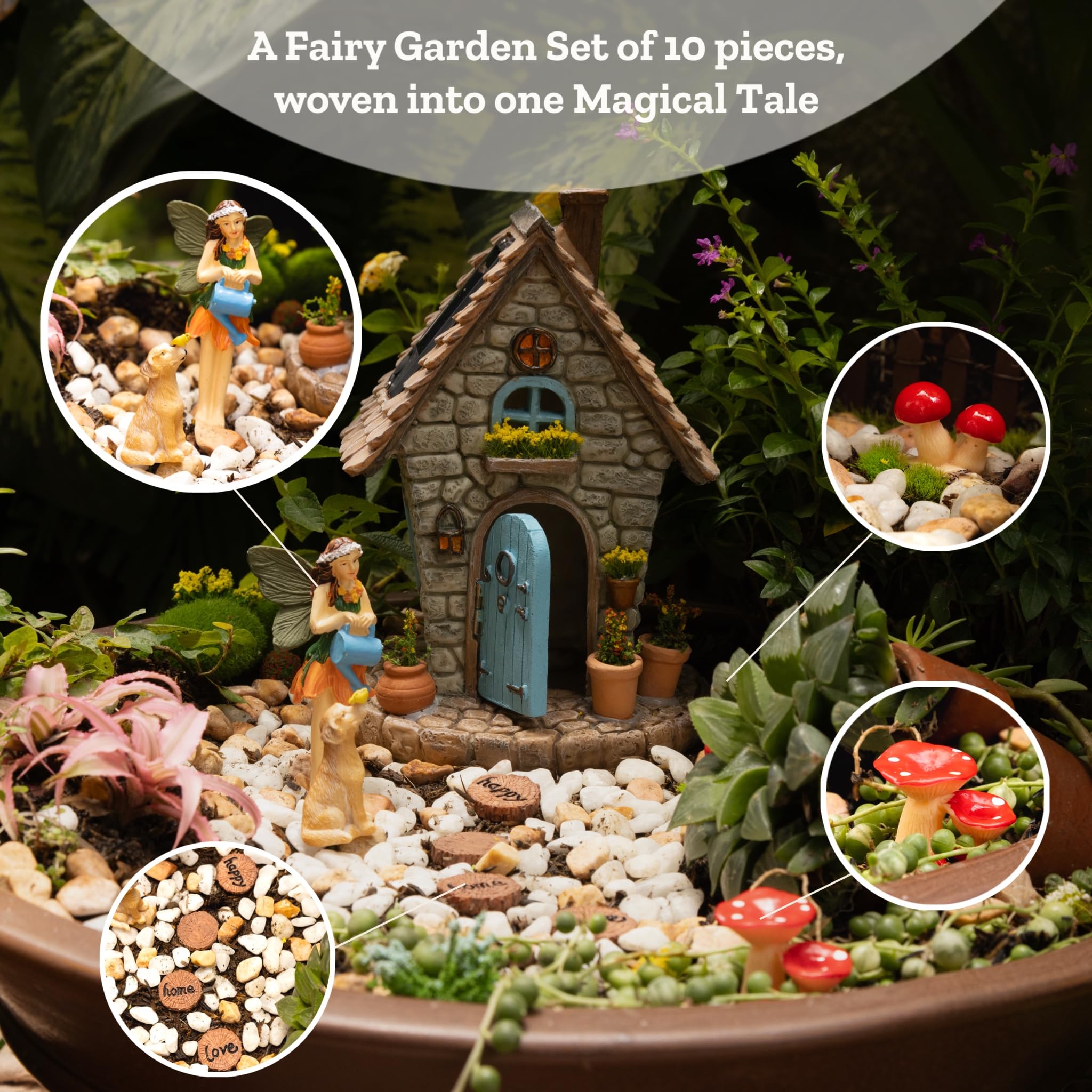 ALOVAK Fairy Garden Kit solar-powered glow lights after dusk