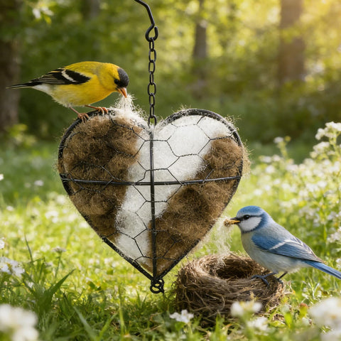 Alpaca fiber bird nesting heart close-up highlighting soft nesting material.
